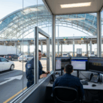 Two uniformed U.S. Customs and Border Protection (CBP) officers at a modern port of entry, one interacting at an inspection booth and another reviewing data on a computer screen, conveying vigilance and the use of technology for border security.