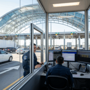 Two uniformed U.S. Customs and Border Protection (CBP) officers at a modern port of entry, one interacting at an inspection booth and another reviewing data on a computer screen, conveying vigilance and the use of technology for border security.