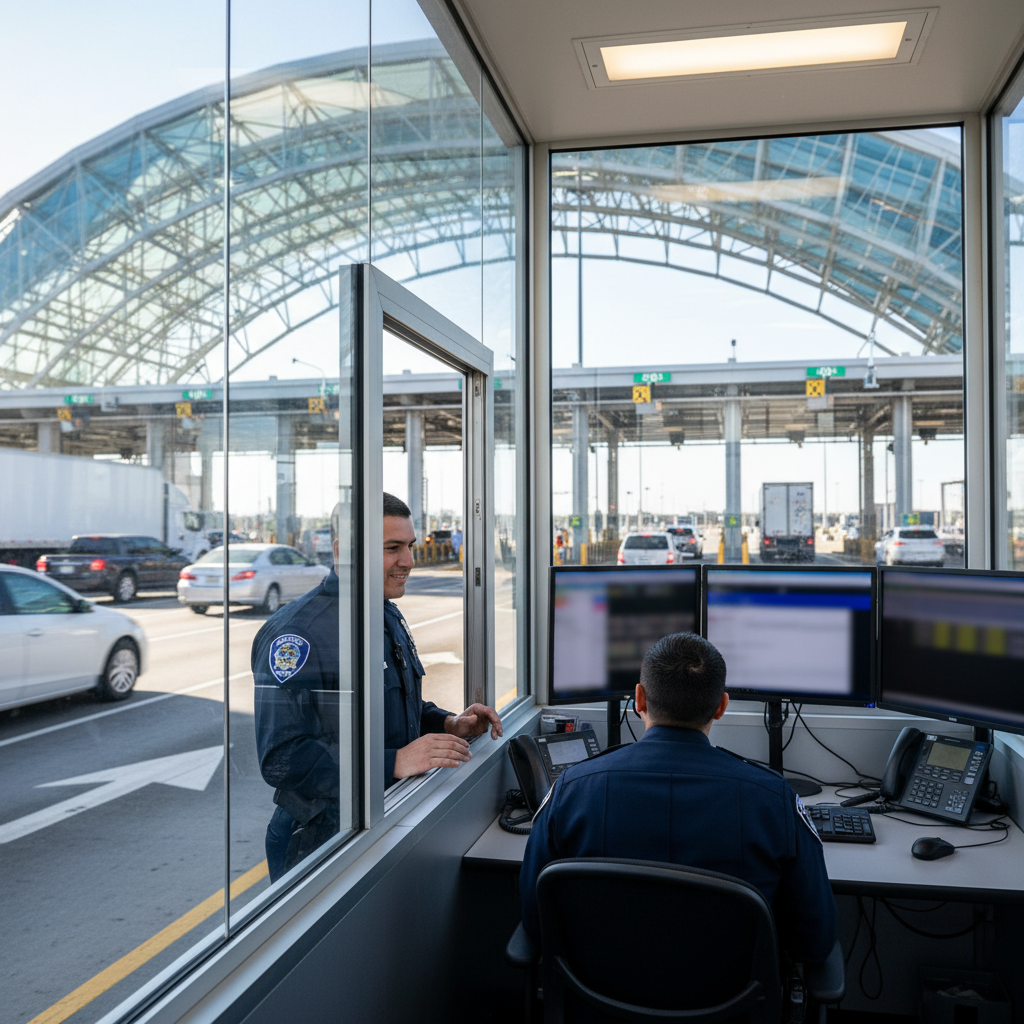CBP officers standing guard at a U.S. port of entry, symbolizing their role in arresting child sex abuse suspects at the Texas border.